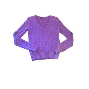 Ralph Lauren Sport  Cable Knit Sweater Purple Cotton V-Neck M Preppy Luxury